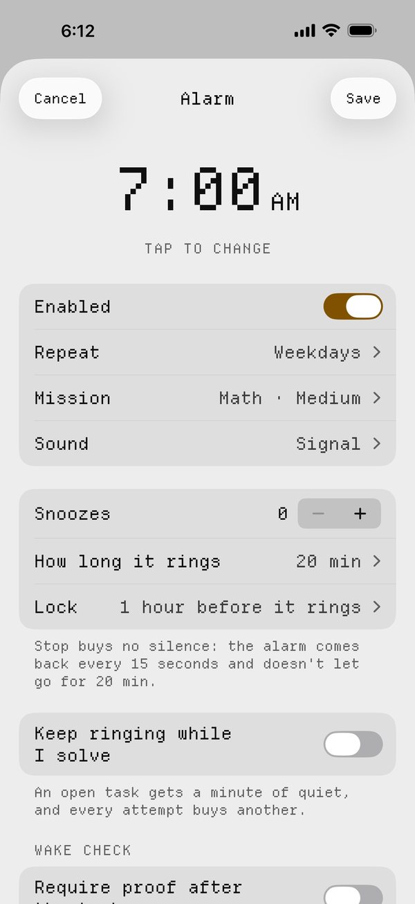 The alarm editor: the lock on the settings and the wake check.